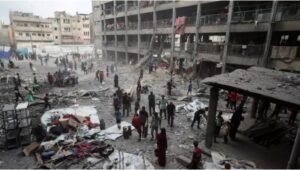 Widespread destruction in Gaza following Israeli airstrikes, with collapsed buildings and debris covering the streets.