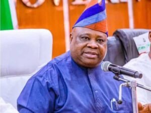 Adeleke addressing PDP stakeholders during a high-level political meeting in Osun State.