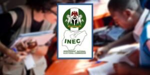INEC logo centered between blurred images of officials during election duties in Nigeria.