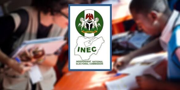 INEC INEC logo centered between blurred images of officials during election duties in Nigeria.