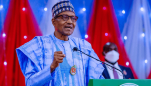 Portrait of Muhammadu Buhari, former President of Nigeria, in traditional attire