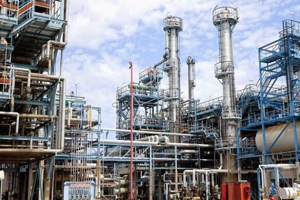 NNPC-operated oil refinery infrastructure with metallic towers, pipelines, and platforms under a blue sky.