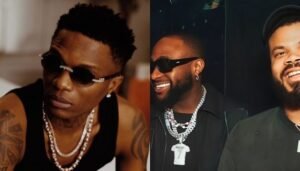 Davido smiling with Asa Asika, alongside an image of Wizkid wearing sunglasses.
