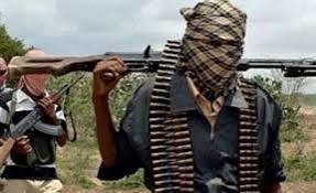 Masked gunmen wielding rifles in a forested area