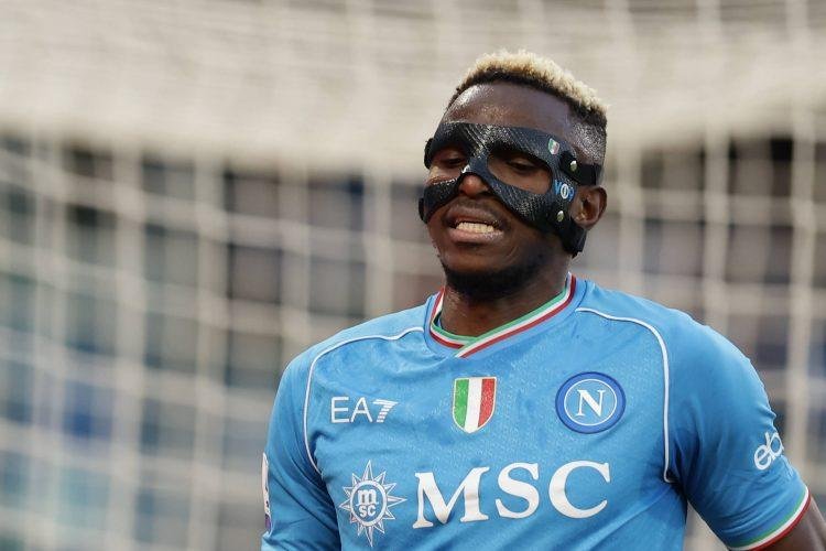 Osimhen Osimhen celebrates after scoring a goal in a Napoli jersey during a Serie A match.
