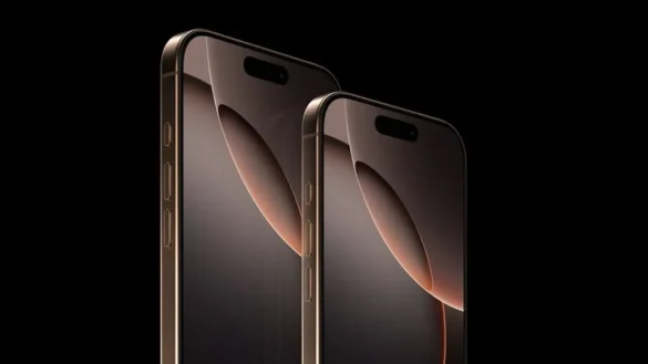 Two sleek iPhone 17 Pro and Pro Max mobile phones displayed side by side in a dark setting.