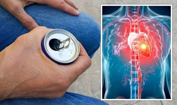 Energy drinks A close-up of colorful energy drink cans beside a graphic of a human heart, warning about health risks.