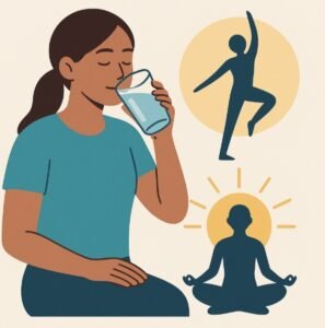 Illustration of a woman drinking water with icons of yoga and meditation, representing a healthy morning routine that supports longer life.