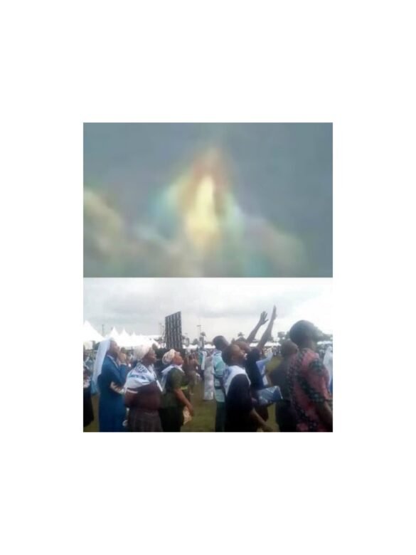Bright glowing figure believed to be Virgin Mary appearing in the sun above St. Charles Lwanga Catholic Church in Calabar during evening prayers.”