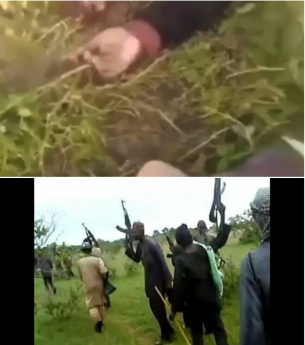 A blurred and disturbing scene showing a bandit in a forest area holding weapons while victims lie on the ground, highlighting violence and insecurity in a rural Nigerian community.