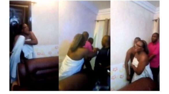 A heartbroken man shouting inside his bedroom after catching another man with his wife on their matrimonial bed.
